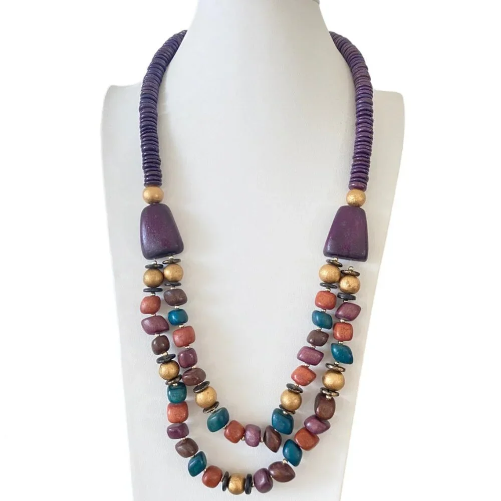 70s wooden necklace double strant multicolor